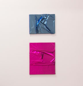Mark Titmarsh New Earth (magenta minor) and (blue minor), 2015, metallic foil on canvas, 30 x 40 and 40 x 50 cms respectively. 